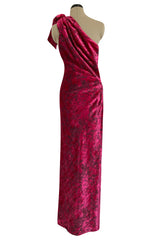 Outstanding 1991-92 Yves Saint Laurent Deep Pink Cut Devore Velvet w Black Under Pattern One Shoulder Dress