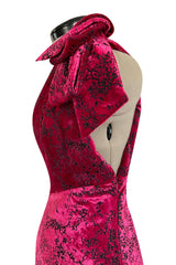 Outstanding 1991-92 Yves Saint Laurent Deep Pink Cut Devore Velvet w Black Under Pattern One Shoulder Dress
