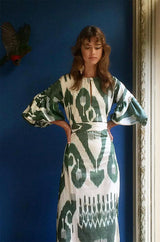 2018 Zazi Handmade Vintage Green & Ivory Cotton Ikat Caftan Dress