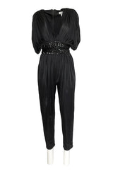 1980s Black Plunge Front Draped Jersey & Sequin Cropped Jumpsuit