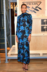 1970s James Galanos Backless Blue Floral Print Ruffled Silk Dress