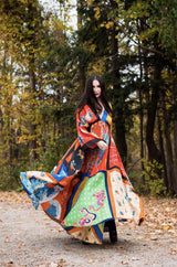 c.1972 LaVetta Plunging Front and Back Silk Scarf Print Caftan Dress