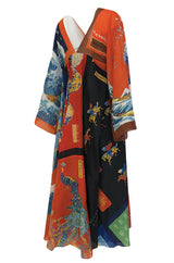 c.1972 LaVetta Plunging Front and Back Silk Scarf Print Caftan Dress
