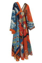 c.1972 LaVetta Plunging Front and Back Silk Scarf Print Caftan Dress