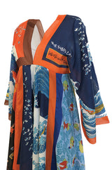 c.1972 LaVetta Plunging Front and Back Silk Scarf Print Caftan Dress