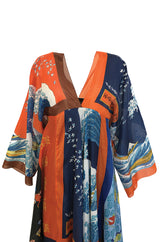c.1972 LaVetta Plunging Front and Back Silk Scarf Print Caftan Dress