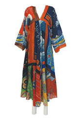 c.1972 LaVetta Plunging Front and Back Silk Scarf Print Caftan Dress