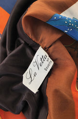 c.1972 LaVetta Plunging Front and Back Silk Scarf Print Caftan Dress