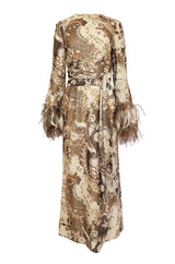 c.1976 Bill Blass Couture Metallic Gold Lurex Knit Dress w Feather Cuffs