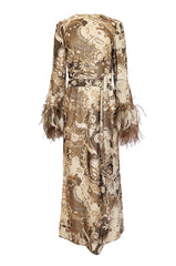c.1976 Bill Blass Couture Metallic Gold Lurex Knit Dress w Feather Cuffs