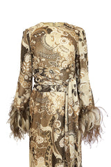 c.1976 Bill Blass Couture Metallic Gold Lurex Knit Dress w Feather Cuffs