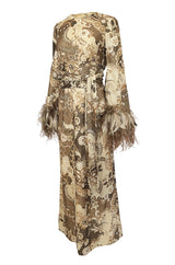 c.1976 Bill Blass Couture Metallic Gold Lurex Knit Dress w Feather Cuffs