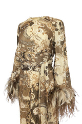 c.1976 Bill Blass Couture Metallic Gold Lurex Knit Dress w Feather Cuffs