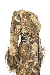 c.1976 Bill Blass Couture Metallic Gold Lurex Knit Dress w Feather Cuffs