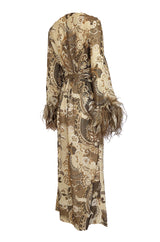 c.1976 Bill Blass Couture Metallic Gold Lurex Knit Dress w Feather Cuffs