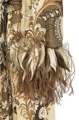 c.1976 Bill Blass Couture Metallic Gold Lurex Knit Dress w Feather Cuffs