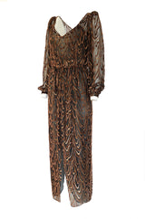 1980s Oscar de la Renta Copper & Metallic Fused Velvet & Silk Chiffon Dress