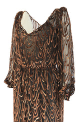 1980s Oscar de la Renta Copper & Metallic Fused Velvet & Silk Chiffon Dress