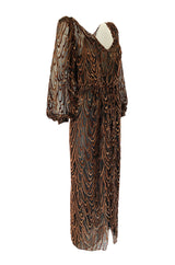 1980s Oscar de la Renta Copper & Metallic Fused Velvet & Silk Chiffon Dress