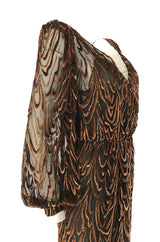 1980s Oscar de la Renta Copper & Metallic Fused Velvet & Silk Chiffon Dress