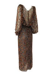 1980s Oscar de la Renta Copper & Metallic Fused Velvet & Silk Chiffon Dress