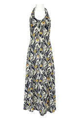 1970s Miss Dior Floral Printed Nylon Jersey Halter Neck Dress