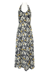1970s Miss Dior Floral Printed Nylon Jersey Halter Neck Dress