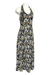 1970s Miss Dior Floral Printed Nylon Jersey Halter Neck Dress