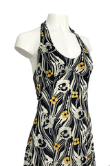 1970s Miss Dior Floral Printed Nylon Jersey Halter Neck Dress