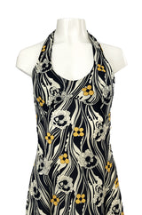 1970s Miss Dior Floral Printed Nylon Jersey Halter Neck Dress