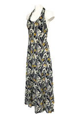 1970s Miss Dior Floral Printed Nylon Jersey Halter Neck Dress