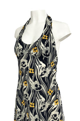 1970s Miss Dior Floral Printed Nylon Jersey Halter Neck Dress