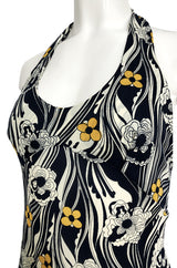 1970s Miss Dior Floral Printed Nylon Jersey Halter Neck Dress