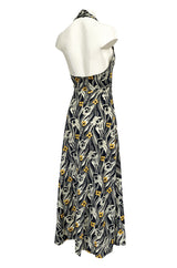 1970s Miss Dior Floral Printed Nylon Jersey Halter Neck Dress