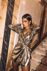 Exclusive 2018 Attico for Luisaviaroma Gold Sequin Wrapped Plunging Mini Dress