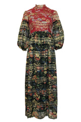 1960s Mollie Parnis Red & Black Floral Print Silk w Gold Metallic Dress
