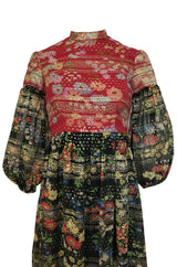 1960s Mollie Parnis Red & Black Floral Print Silk w Gold Metallic Dress