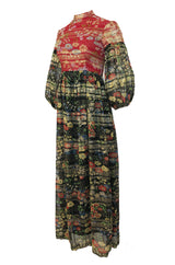1960s Mollie Parnis Red & Black Floral Print Silk w Gold Metallic Dress