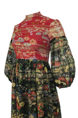 1960s Mollie Parnis Red & Black Floral Print Silk w Gold Metallic Dress