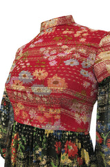 1960s Mollie Parnis Red & Black Floral Print Silk w Gold Metallic Dress