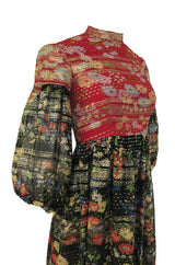 1960s Mollie Parnis Red & Black Floral Print Silk w Gold Metallic Dress