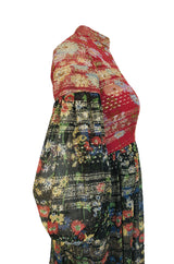 1960s Mollie Parnis Red & Black Floral Print Silk w Gold Metallic Dress