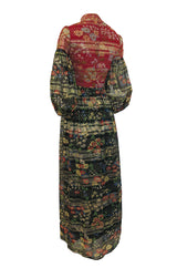 1960s Mollie Parnis Red & Black Floral Print Silk w Gold Metallic Dress