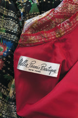 1960s Mollie Parnis Red & Black Floral Print Silk w Gold Metallic Dress