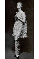 c.1963 Maggy Rouff Haute Couture Pale Metallic Blue Net & Ribbon Dress