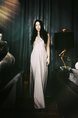 1970s Victoria Royal Pale Grey Jersey Dress w Jeweled Ring Collar