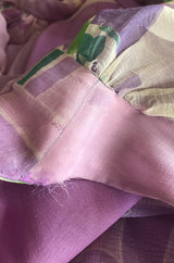 1970s George Stavropoulos Couture Floral Print Purple Silk Chiffon Maxi Dress