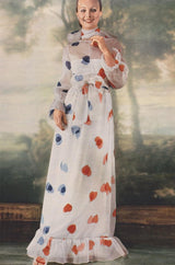 Extraordinary 1971 Givenchy Azure Blue Woven Silk & Metallic Thread Dress w Ruffled Cuffs & Hem