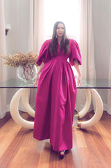 1980s Pauline Trigere Balloon Sleeve Pink Silk Taffeta Dress