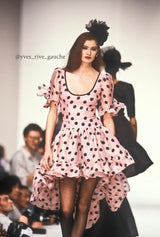 Rare Spring 1990 Yves Saint Laurent Mini Front Skirt Longer Back Pink & Black Dot Dress
